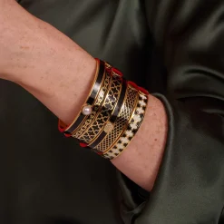 Halcyon Days Hinged Bangles*Agama Black, Cream Gold Hinged Enamel Bangle |