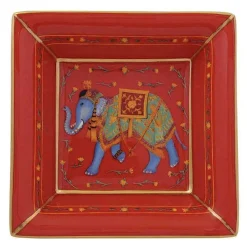 Halcyon Days Trinket Trays & Boxes*Ceremonial Indian Elephant Red Square Tray