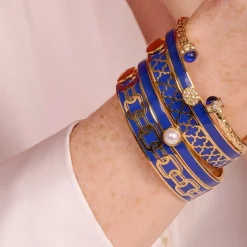 Halcyon Days Hinged Bangles*Skinny Cabochon Pearl Cobalt & Gold Bangle |
