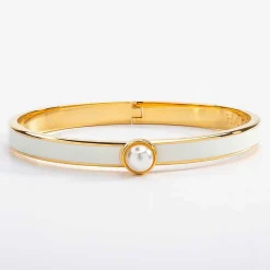 Halcyon Days Hinged Bangles*Skinny Cabochon Pearl Cream & Gold Bangle |