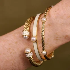 Halcyon Days Hinged Bangles*Skinny Cabochon Pearl Cream & Gold Bangle |