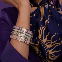 Halcyon Days Hinged Bangles*Skinny Cabochon Pearl Forget-Me-Not & Gold Bangle