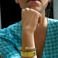 Halcyon Days Hinged Bangles*Skinny Pave Button Buttercup Gold Bangle |