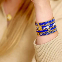 Halcyon Days Hinged Bangles*Skinny Pave Button Cobalt & Gold Bangle |